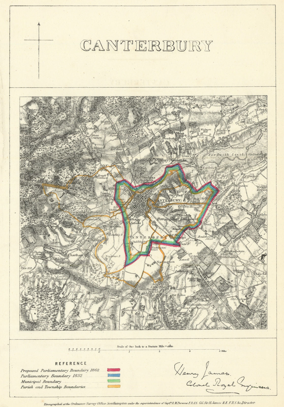 Canterbury, Kent. JAMES. Parliamentary Boundary Commission 1868 old map